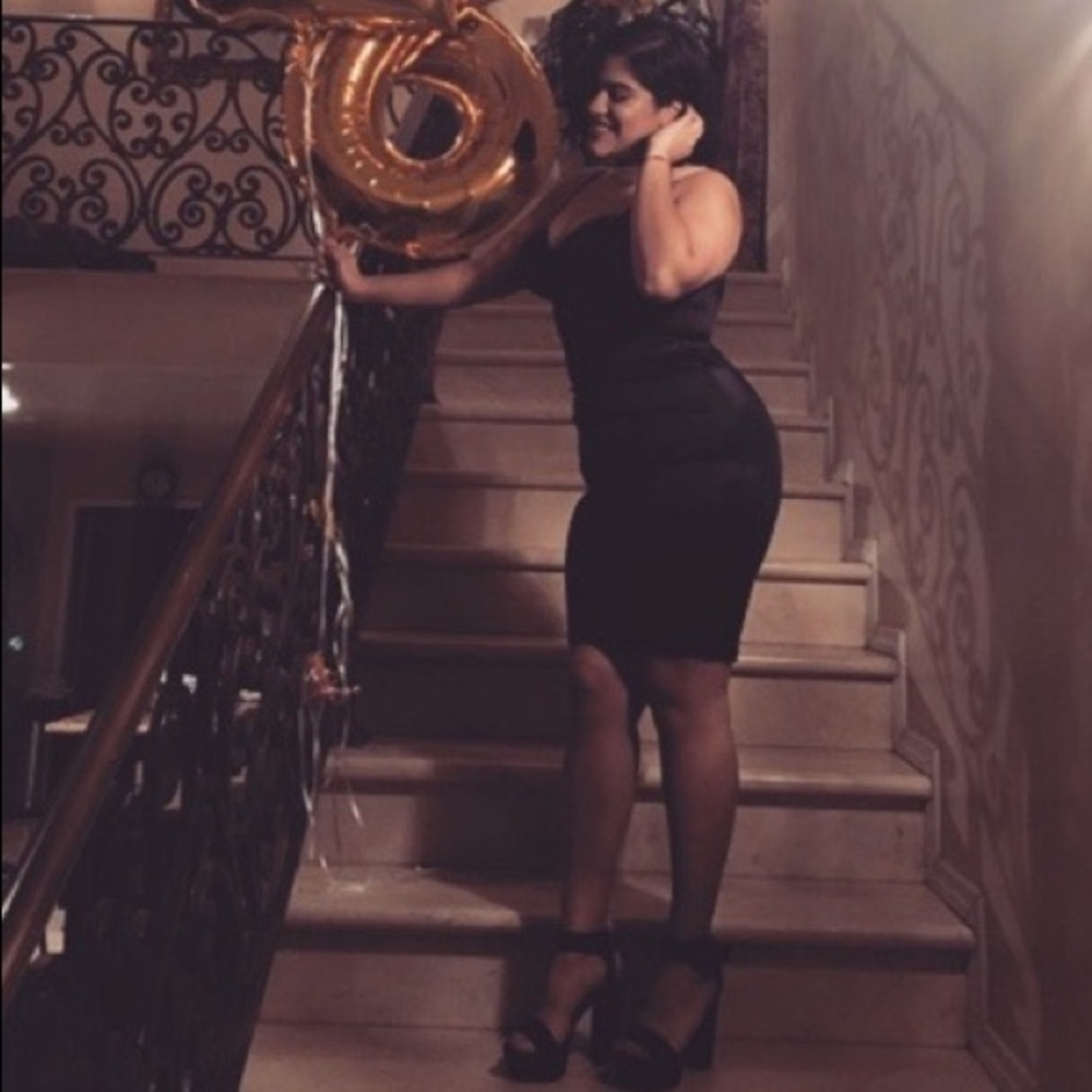 Black satin body con dress